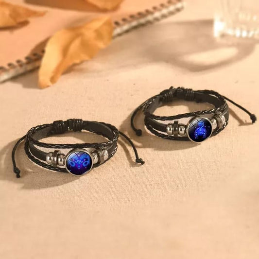 Zodiac Constellation Braided Design Black Leather Bracelet Adjustable